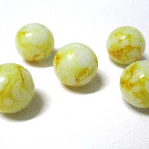 5 perles blanche tréfilé jaune en verre 14mm  (n-18) 