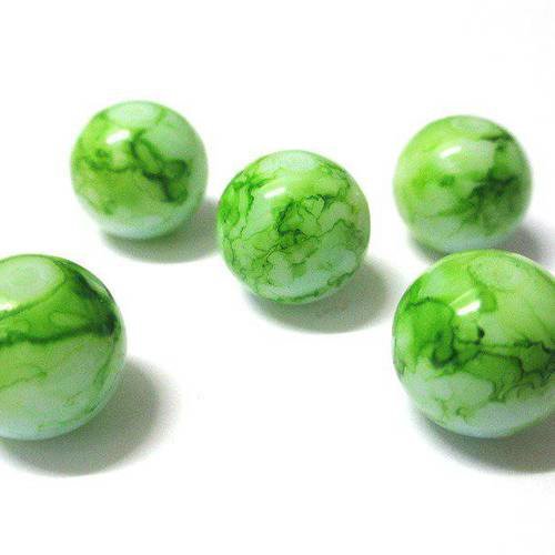 5 perles blanche tréfilé vert anis en verre 14mm  (n-15) 