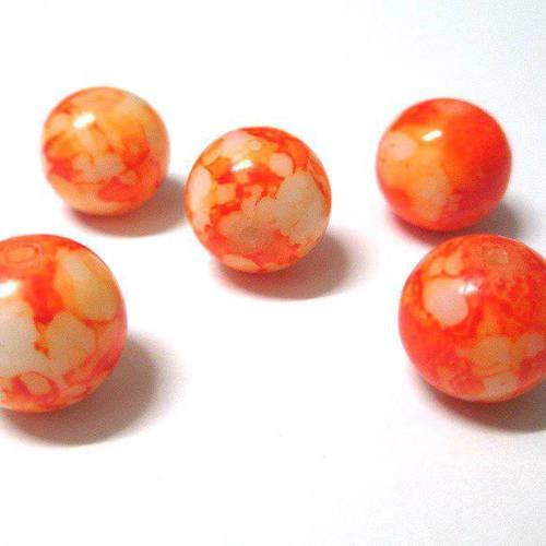 5 perles blanche tréfilé orange en verre 14mm  (n-11) 