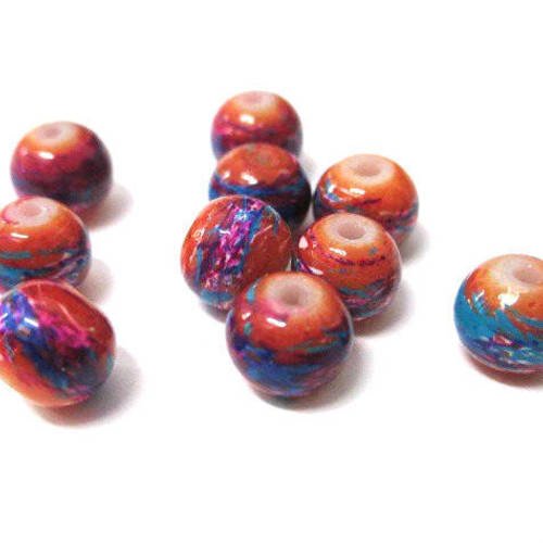 20 perles orange tréfilé multicolore en verre peint 6mm (c-02) 