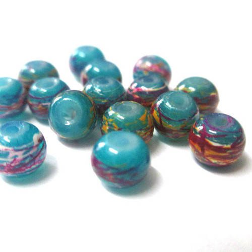 20 perles bleu turquoise tréfilé multicolore en verre peint 6mm 
