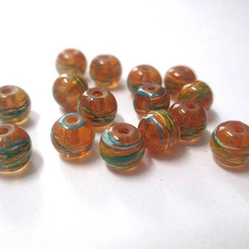 20 perles orange translucide tréfilé multicolore en verre peint 6mm 