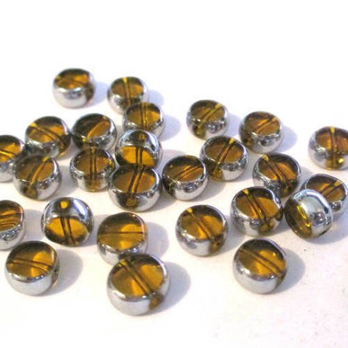 20 perles ronde plate marron plaqué argenté en verre  7mm 