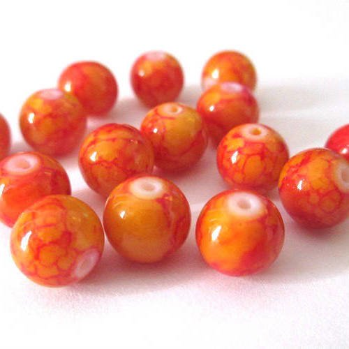 10 perles orange moucheté rouge en verre  8mm (b-10) 