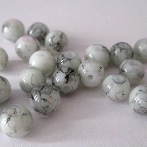 20 perles blanc mouchetée 6mm (b-04) 