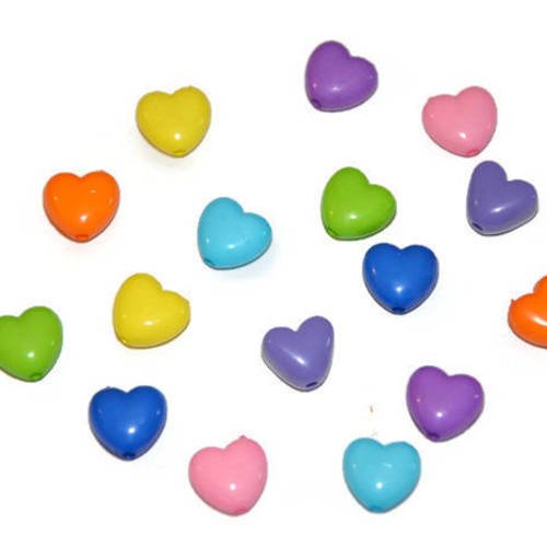 16 perles acrylique  forme coeur mélange de couleur 10mm 