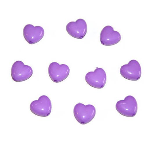 10 perles acrylique  forme coeur couleur violet 10mm 