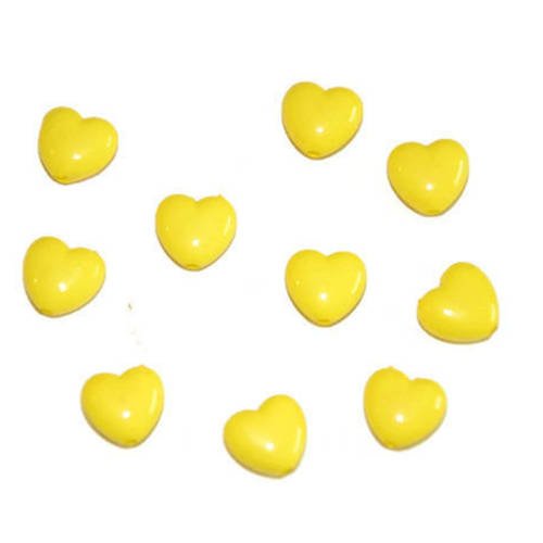 10 perles acrylique  forme coeur couleur jaune 10mm 