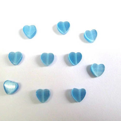 10 perles œil de chat forme cœur couleur bleu clair 6mm 