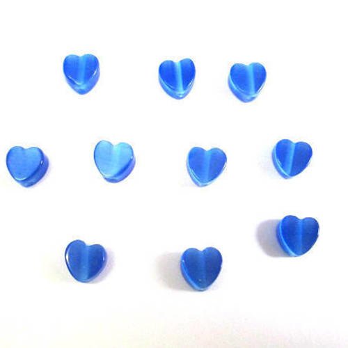 10 perles œil de chat forme cœur couleur bleu 6mm 