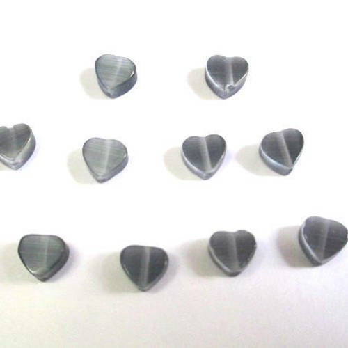 10 perles œil de chat forme cœur couleur gris  6mm 