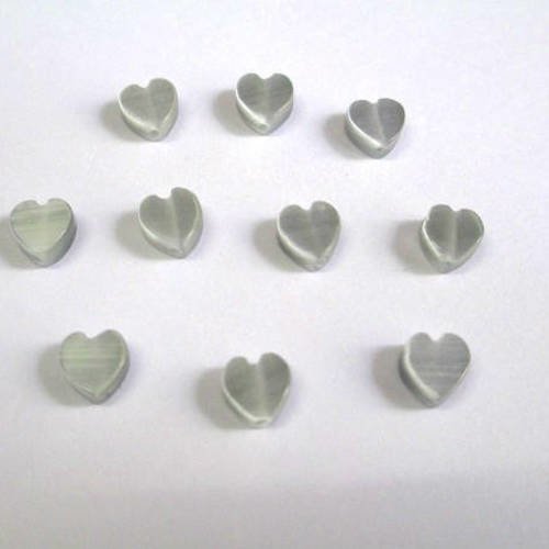 10 perles œil de chat forme cœur couleur gris clair  6mm 