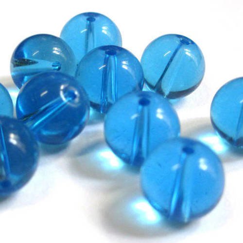 10 perles bleu transparent en verre 10mm 
