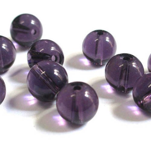 10 perles violet foncé transparent en verre 10mm 