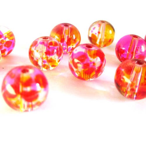 10 perles transparentes tréfilé rose et jaune 8mm en verre ronde 