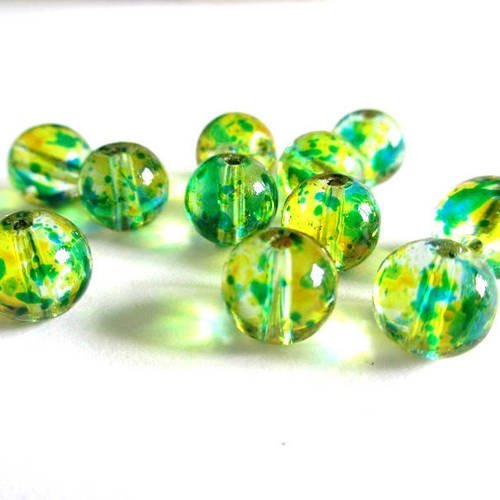 10 perles transparentes tréfilé vert , jaune et bleu 8mm en verre ronde 