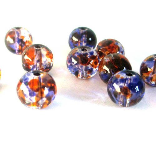 10 perles transparentes tréfilé orange et violet 8mm en verre ronde 