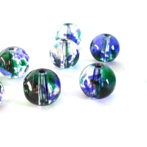 10 perles transparentes tréfilé vert et bleu 8mm en verre ronde 