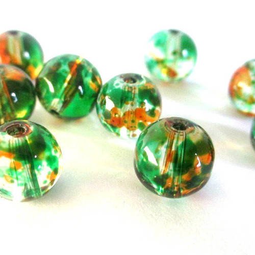 10 perles transparentes tréfilé orange et vert 8mm en verre ronde 
