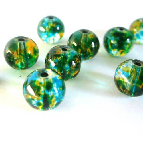 10 perles transparentes tréfilé rouille et bleu 8mm en verre ronde 