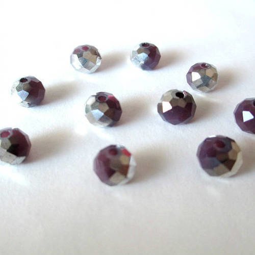 10 perles rondelle à facettes imitation jade violet et argenté  en verre 8x6mm imitation jade 