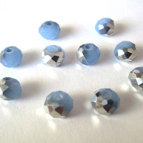 10 perles rondelle à facettes imitation jade bleu ciel et argenté  en verre 8x6mm imitation jade 