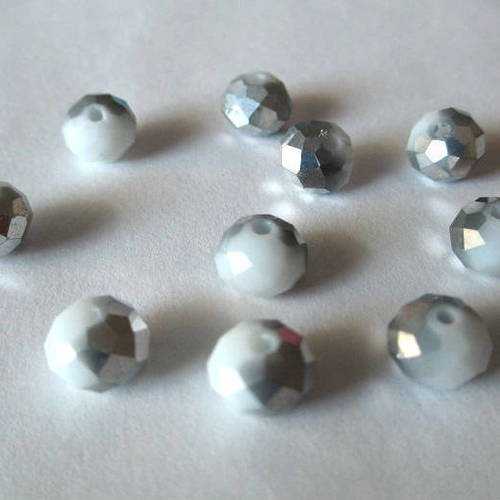 10 perles rondelle à facettes imitation jade blanc et argenté  en verre 8x6mm imitation jade 