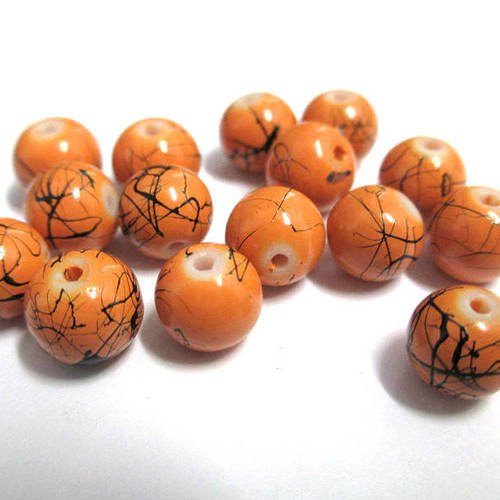 10 perles orange tréfilé  noir ronde en verre peint  8mm 