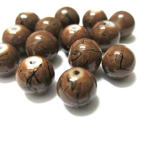 10 perles marron tréfilé noir ronde en verre peint  8mm 