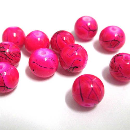10 perles rose tréfilé noir ronde en verre peint  8mm 