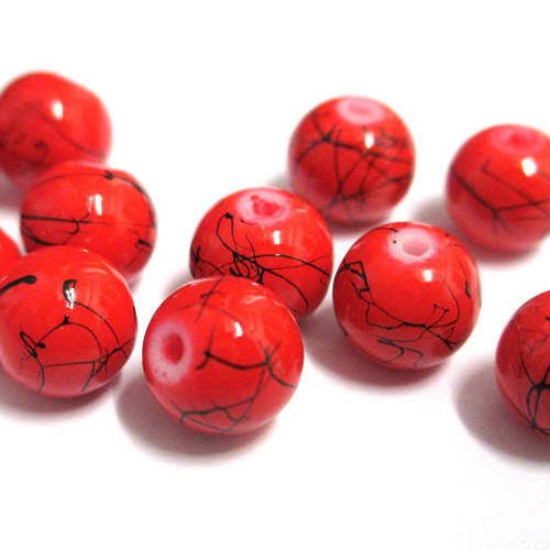 10 perles rouge tréfilé noir ronde en verre peint  8mm 