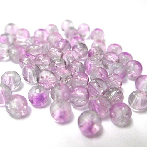 20 perles bicolore mauve et blanc  en verre craquelé 4mm 