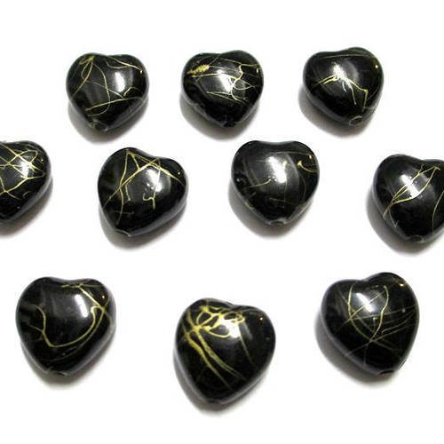 10 perles acryliques coeur couleur noir tréfilé doré  15mm 