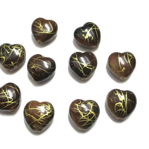 10 perles acryliques coeur couleur marron tréfilé doré  15mm 