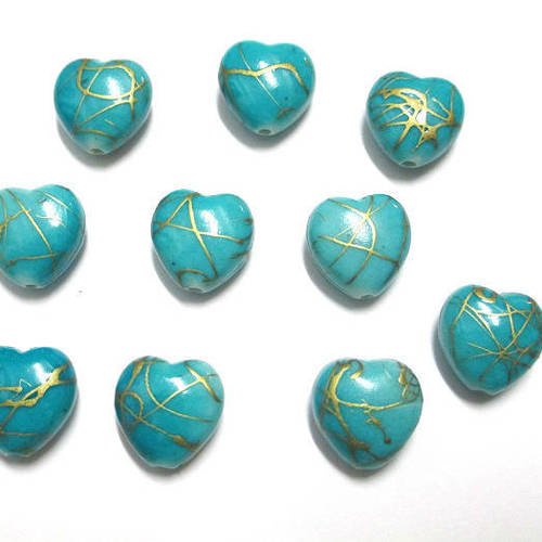 10 perles acryliques coeur couleur bleu tréfilé doré  15mm 
