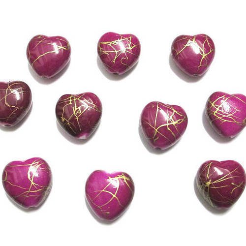10 perles acryliques coeur couleur fuchsia tréfilé doré  15mm 