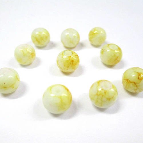 10 perles blanches tréfilé jaune en verre 8mm (n-29) 
