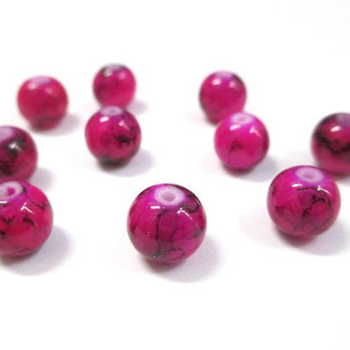 10 perles fuchsia tréfilé noir en verre 8mm (n-28) 