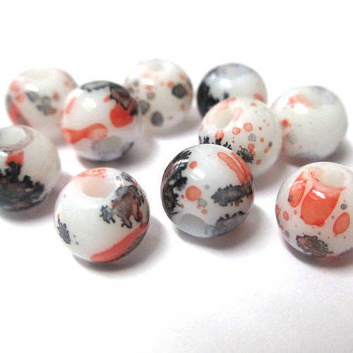 10 perles blanc moucheté noir et rouge en verre  8mm (h-12) 