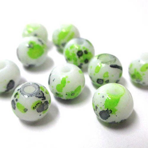10 perles blanc moucheté noir et vert en verre  8mm (h-6) 
