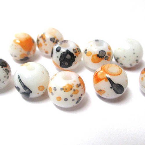 10 perles blanc moucheté orange et noir en verre  8mm (h-7) 