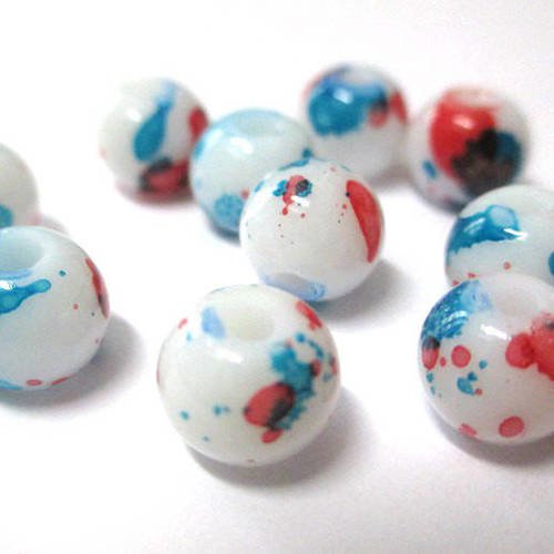 10 perles blanc moucheté bleu et rouge en verre  8mm (h-8) 