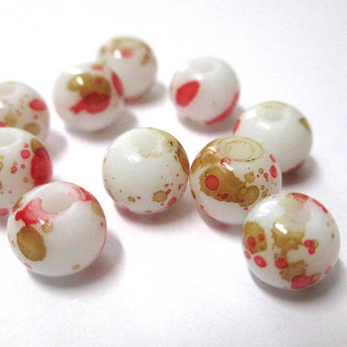 10 perles blanc moucheté marron et rouge en verre  8mm (h-9) 