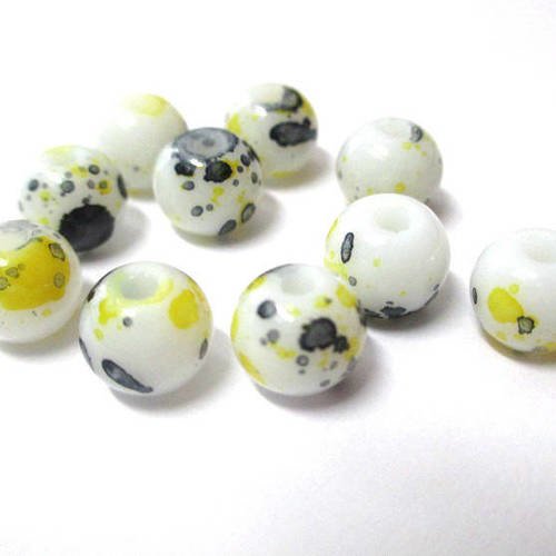 10 perles blanc moucheté noir et jaune en verre  8mm (h-14) 