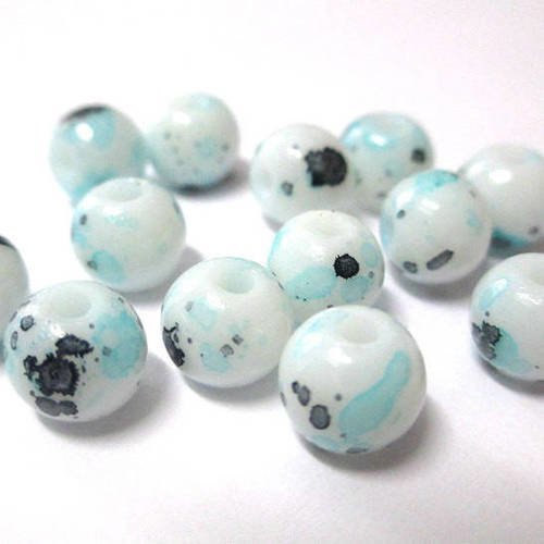 10 perles blanc moucheté noir et bleu en verre  8mm (h-11) 