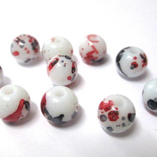 10 perles blanc moucheté noir et rouge foncé en verre  8mm (h-10) 
