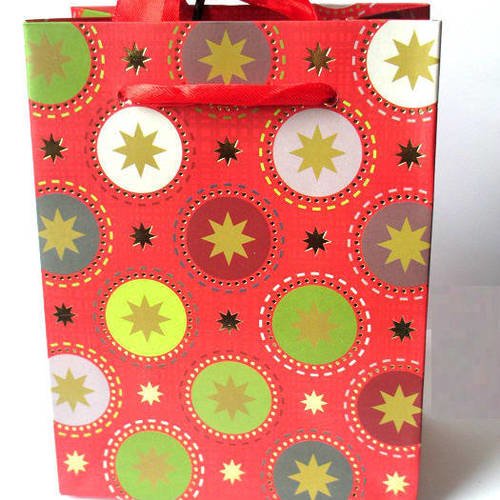 1 pochette, sac cadeau noël  rouge a motifs étoiles 12x15,5x6.8cm 