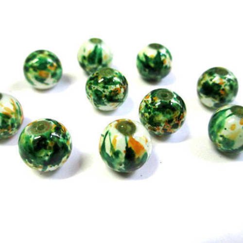 10 perles ronde en verre peint blanches moucheté vert et orange 10mm (q-27) 