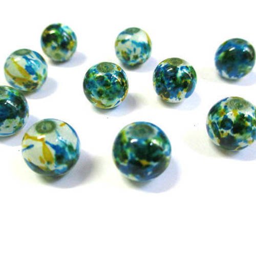 10 perles ronde en verre peint blanches moucheté bleu et jaune 10mm (q-30) 
