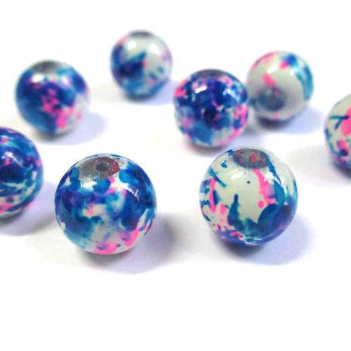 10 perles ronde en verre peint blanches moucheté bleu et rose 10mm (q-31) 